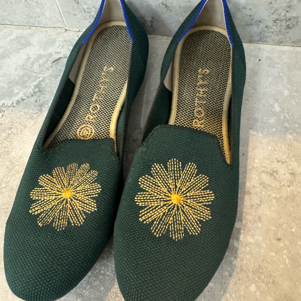 Rothy's Dark Green Flats with Gold Floral Accent